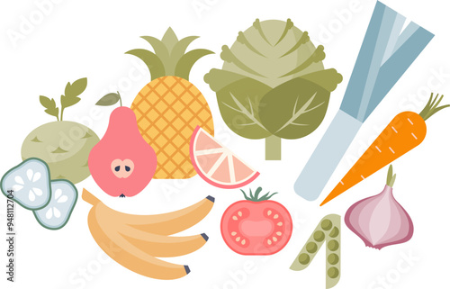 Assorted fruits and vegetables illustration, depicting healthy eating and nutrition.