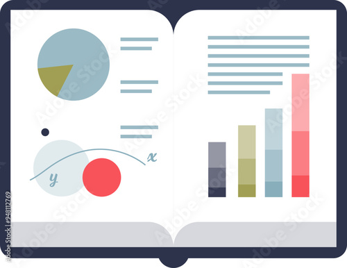 Open book with colorful graphs, pie chart, and lines, symbolizing data analysis and business reporting.