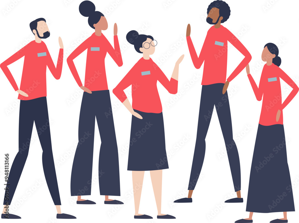 Obraz premium Illustration of diverse volunteers in red shirts, symbolizing teamwork and community service.