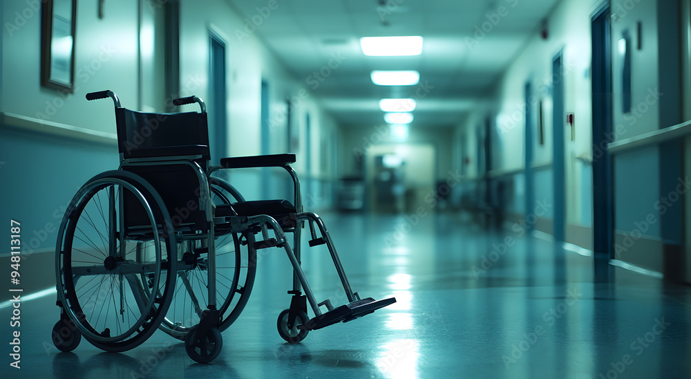 A Wheelchair Seen in the Hallway of a Hospital, Capturing the Essence of Healthcare and Accessibility, Ideal for Representing Themes of Medical Facilities, Patient Care, and Inclusive Design, Highligh A Wheelchair Seen in the Hallway of a Hospital, Capturing the Essence of Healthcare and Accessibility, Ideal for Representing Themes of Medical Facilities, Patient Care, and Inclusive Design, Highligh