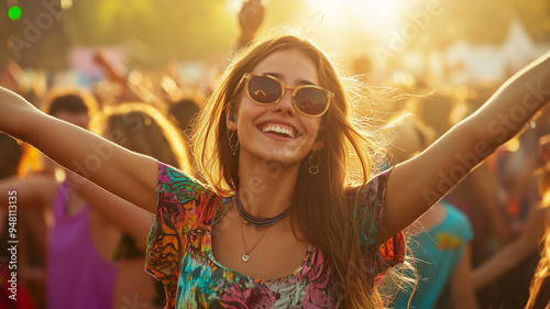 A young woman dancing exuberantly in the crowd at an outdoor music festival, with the stage in the background and a sky full of lights, capturing the essence of live music and freedom. Ai generated photo