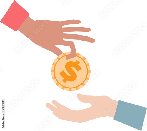 One hand giving a coin with a dollar sign to another, symbolizing charity or financial aid.