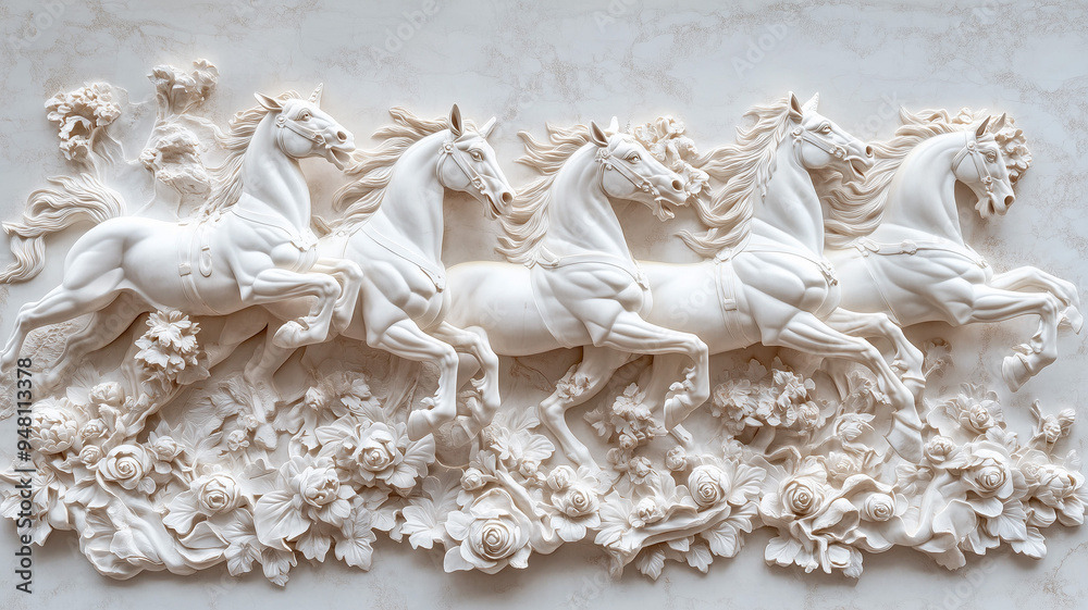 An intricately designed wall decoration featuring galloping horses in relief, captured on a pristine white background. Ai generated An intricately designed wall decoration featuring galloping horses in relief, captured on a pristine white background. Ai generated