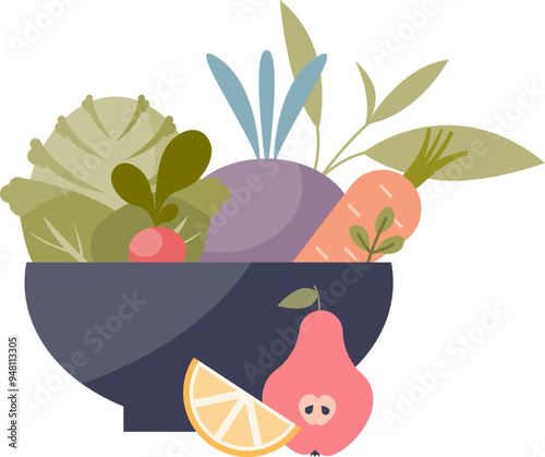 Bowl of assorted fruits & vegetables symbolizing healthy eating.