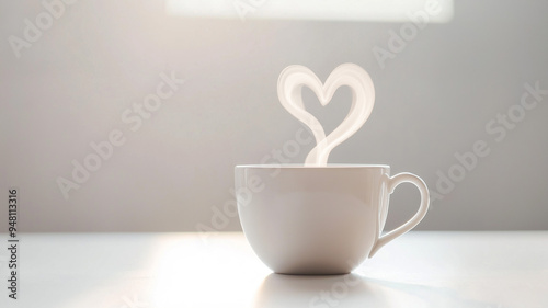 An elegant coffee cup with a delicate heart-shaped steam pattern rising from it, placed on a clean white surface. Ai generated