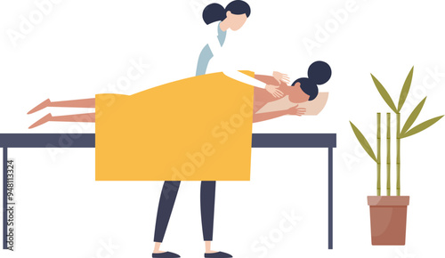 Illustration of a relaxing spa day with a person receiving a back massage on a table and a potted plant nearby, symbolizing tranquility.
