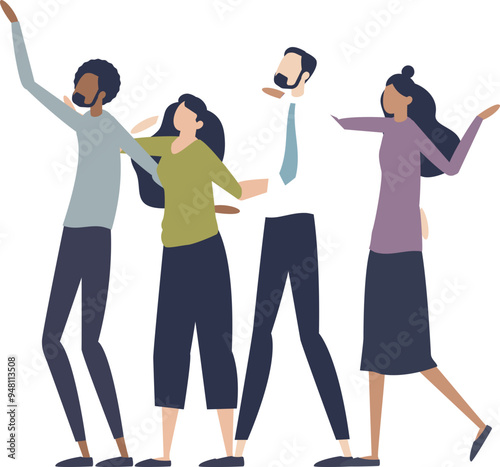 A joyful group of four friends laughing and dancing together, symbolizing friendship and fun.