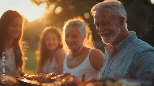 A multigenerational family gathering outdoors, with everyone participating in the evening barbecue.