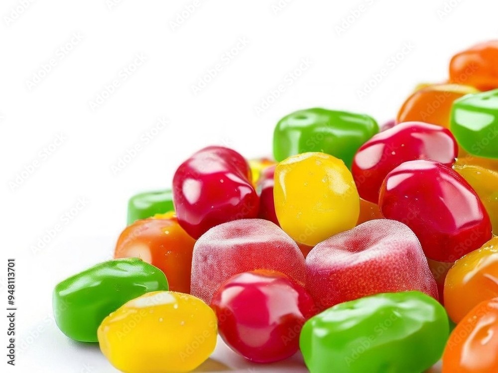 Colorful fruity candies and jujube close up on white background. AI generated. Colorful fruity candies and jujube close up on white background. AI generated.