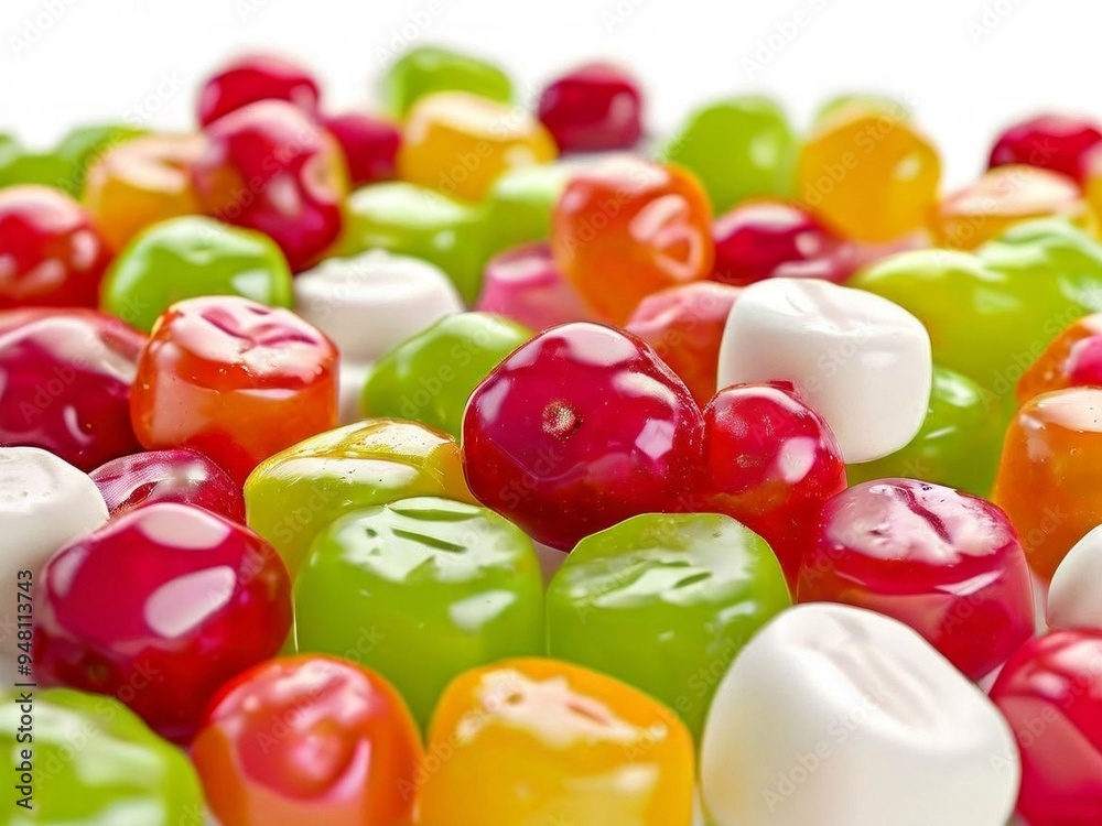Colorful fruity candies and jujube close up on white background. AI generated. Colorful fruity candies and jujube close up on white background. AI generated.