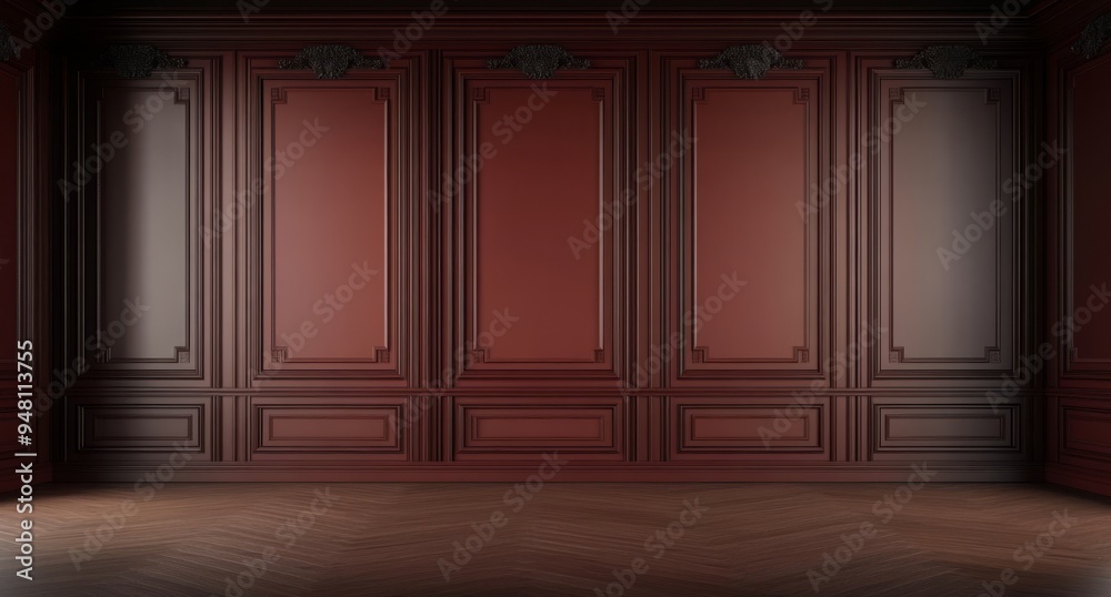 Interior with dark red wall molding panels of classic luxury Interior with dark red wall molding panels of classic luxury