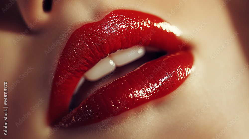 Fototapeta premium Close-up shot of red lips slightly parted, as if gasping for air, with a soft light illuminating the natural texture and vibrant color. Ai generated