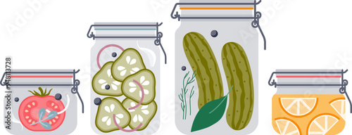 Illustration of sealed jars with preserved fruits and vegetables, symbolizing home canning.