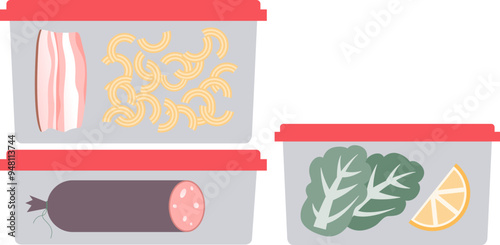 Illustration of food in containers, symbolizing meal prep or storing leftovers.