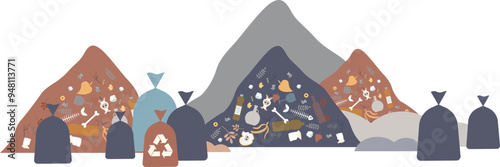 Illustration of a landfill with piles of waste, garbage bags, and recycling symbols, highlighting pollution issues.