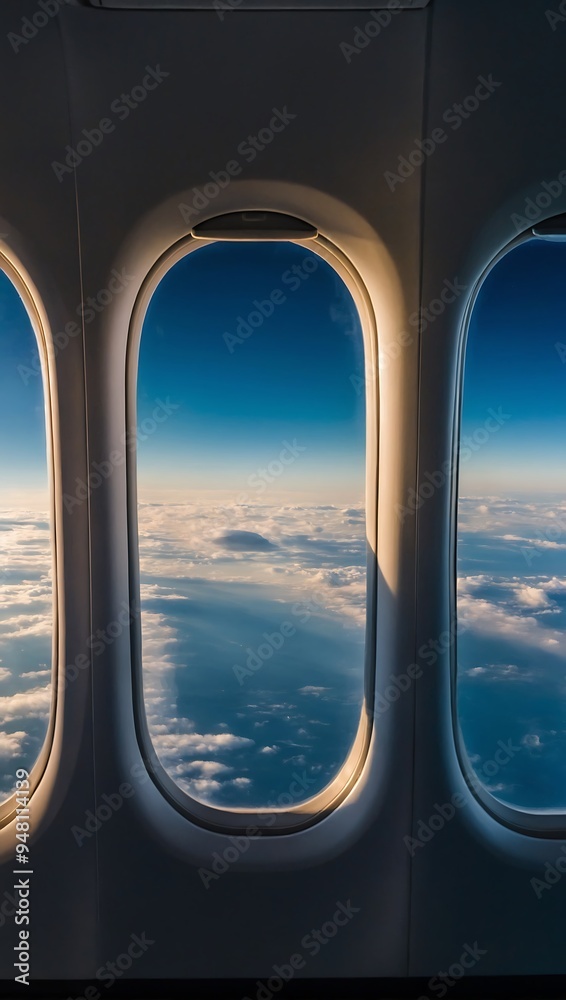 Three airplane windows showing clouds and sky Three airplane windows showing clouds and sky