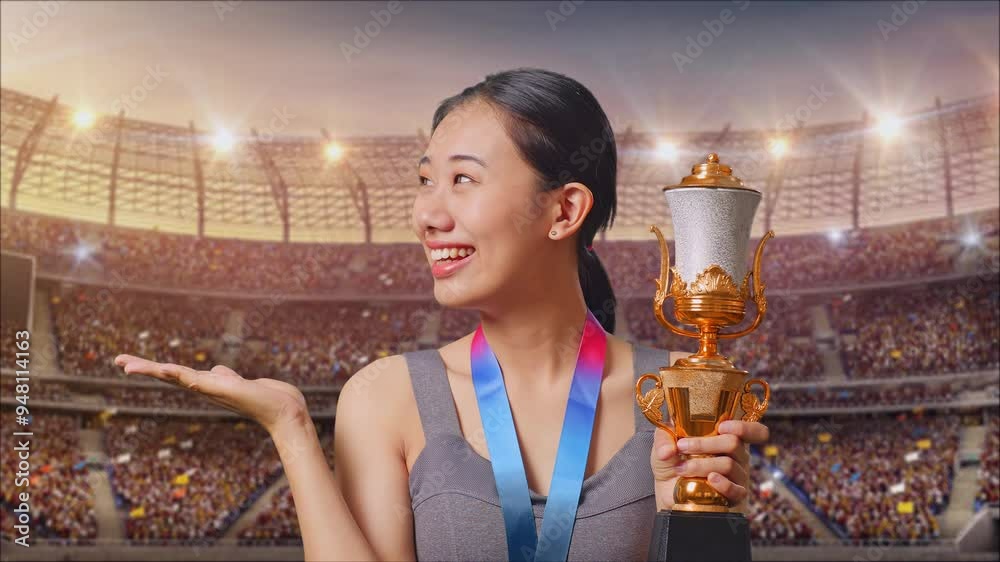 Close Up Of Asian Woman With A Gold Medal Looking At A Gold Trophy In ...