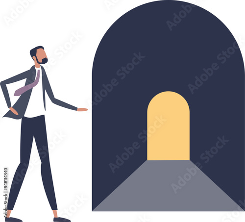 A person walking towards a bright exit of a dark tunnel, symbolizing hope and success.