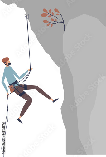 Illustration of a climber scaling a cliff with ropes and harness, symbolizing adventure and challenge.