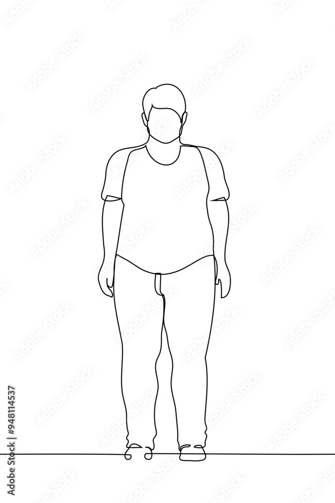 full length plus size man standing in t-shirt and pants - one line art vector. concept plus size male model, male plumpness full length plus size man standing in t-shirt and pants - one line art vector. concept plus size male model, male plumpness