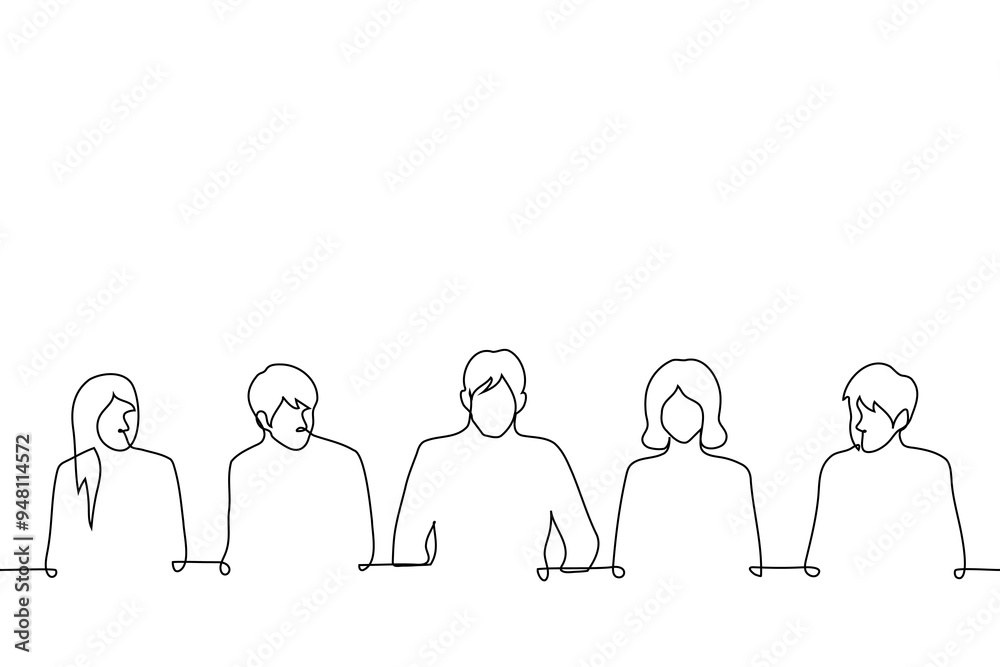 press conference with people in suits sitting at a long table on one side - one line art vector. concept officials, businessmen and businesswomen press conference with people in suits sitting at a long table on one side - one line art vector. concept officials, businessmen and businesswomen