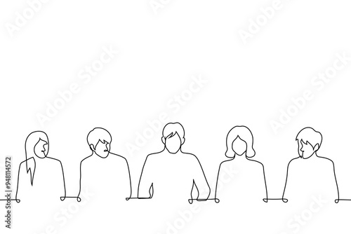 press conference with people in suits sitting at a long table on one side - one line art vector. concept officials, businessmen and businesswomen