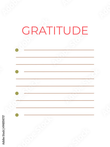 Blank gratitude list template with title and bullet points for entries, symbolizing thankfulness and reflection.