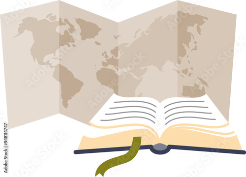 An open journal with a world map, symbolizing travel planning and adventure recording.