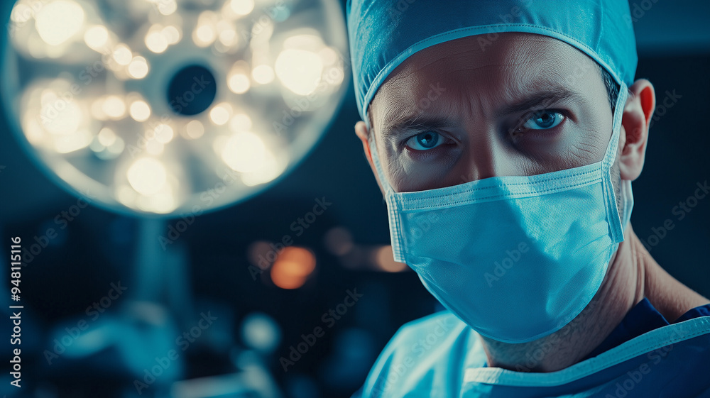 Surgeon in blue scrubs and surgical mask, looking directly at the camera from the operation room, lights and equipment in the background. Ai generated Surgeon in blue scrubs and surgical mask, looking directly at the camera from the operation room, lights and equipment in the background. Ai generated