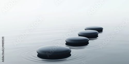 Zen Stones in Calm Water: Tranquil Stepping Stones Path for Meditation, Mindfulness, and Spa Relaxation - Serene Minimalist Landscape Photography