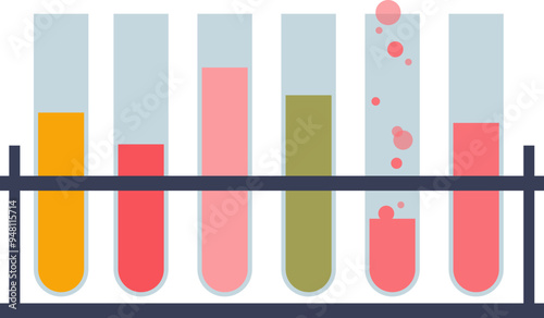 A rack of test tubes with various colorful liquids, symbolizing scientific research or experiments.