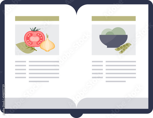 Open cookbook with illustrations of tomato, cheese, bowl, and peas, symbolizing recipe preparation.