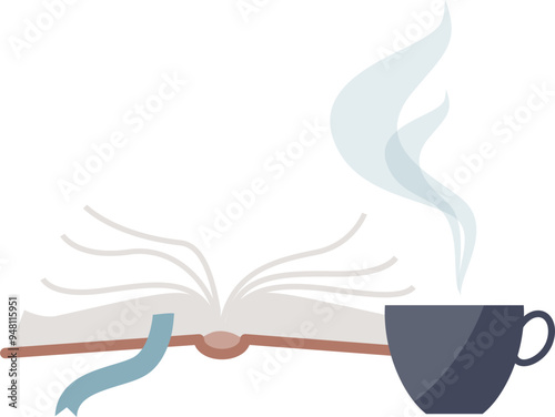 A steaming coffee cup beside an open book, symbolizing a relaxing reading break.