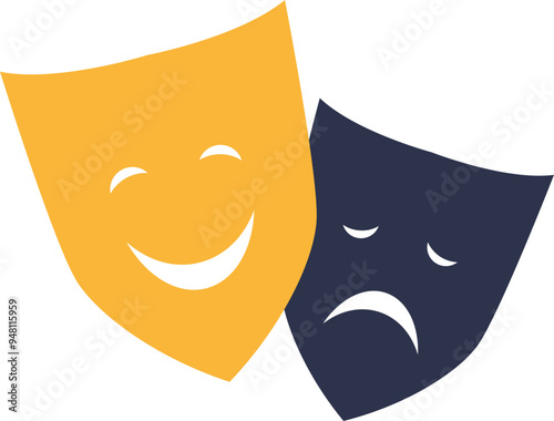 Two theater masks, one smiling (comedy) and one frowning (tragedy), representing the dual nature of theater.