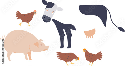 Cartoon farm animals: pig, cow, chickens, representing companionship in rural settings.