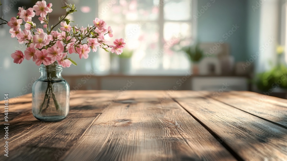 Close-up of wooden table, desk or shelf with branches of cherry blossoms in glass vase over blurred view of farmhouse wooden kitchen. Close-up of wooden table, desk or shelf with branches of cherry blossoms in glass vase over blurred view of farmhouse wooden kitchen.