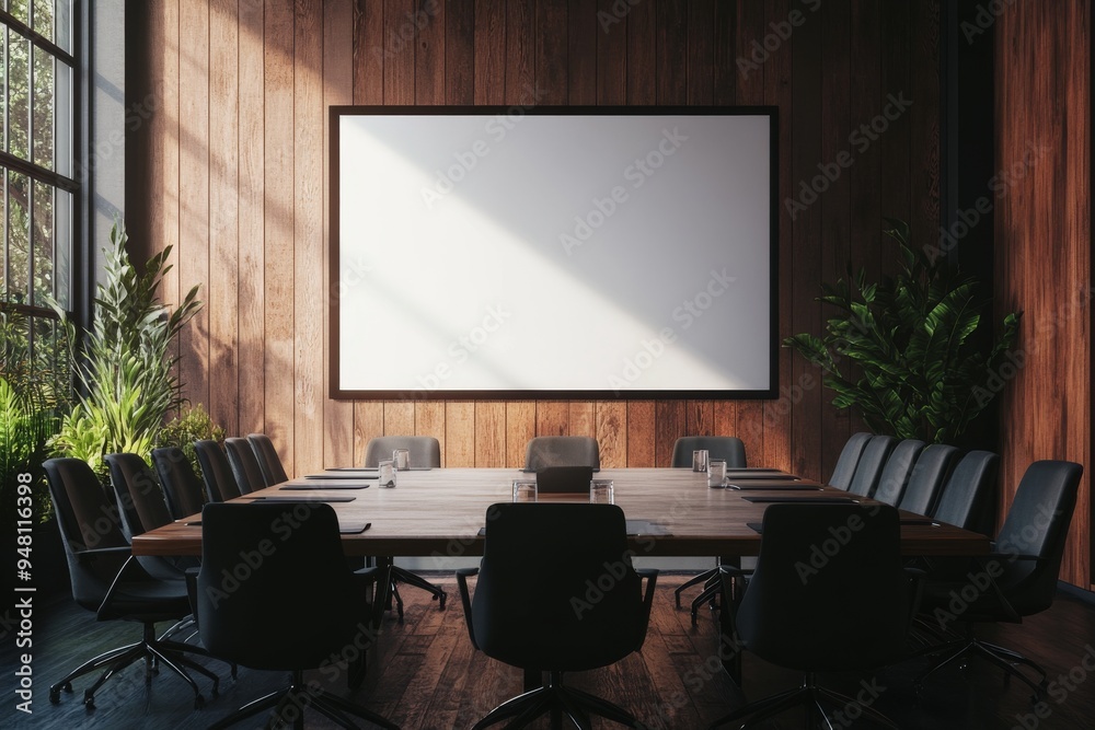 Meeting room interior with wooden furniture and black chairs in black and white Meeting room interior with wooden furniture and black chairs in black and white