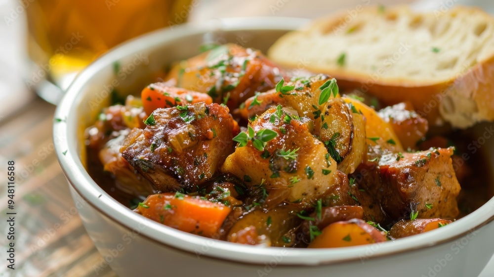 A bowl of hearty pork stew with vegetables, served with a slice of crusty bread on the side. A bowl of hearty pork stew with vegetables, served with a slice of crusty bread on the side.
