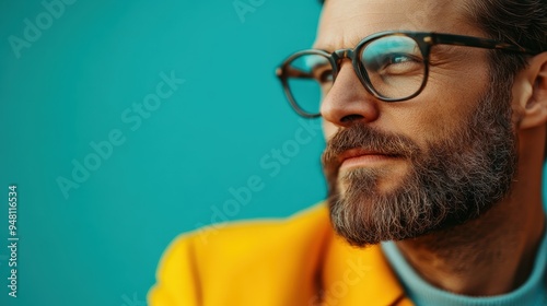 Side profile of an individual wearing an orange jacket and glasses, set against a teal background. The composition emphasizes style and modernity. photo