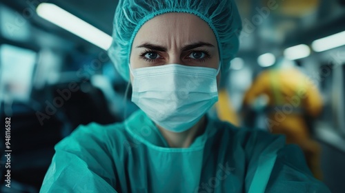 An individual wearing green medical scrubs and a hair net, presumably a medical professional, stands in a hospital setting with another person in the background. photo