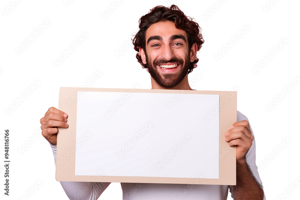 Bearded man holds a white sign on a transparent background. Bearded man holds a white sign on a transparent background.
