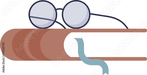 Round eyeglasses rest on an open hardcover book, symbolizing reading and education.