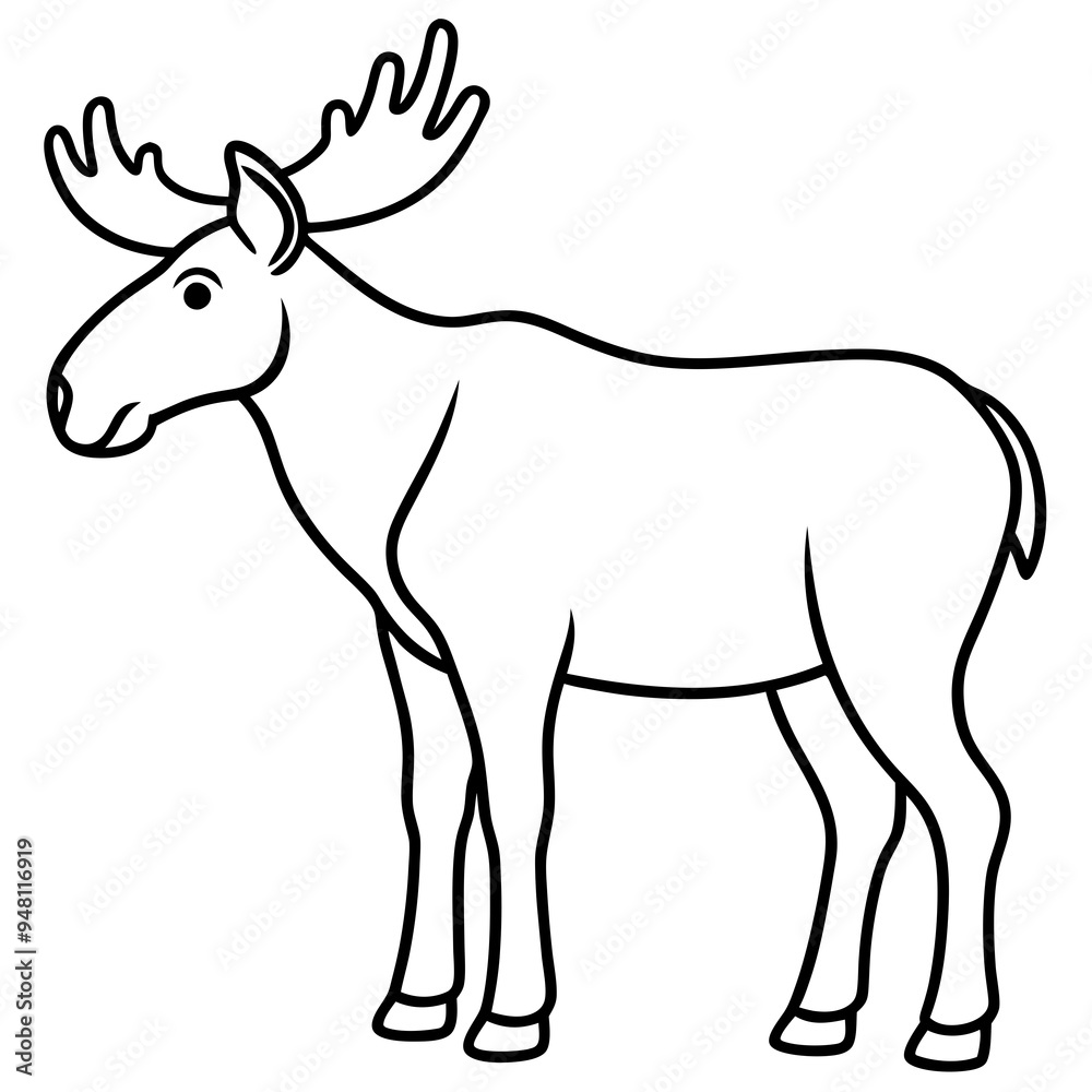 Vector Design Childish Contour Drawing of a Rounded Moose in Profile - Full Body Illustration Vector Design Childish Contour Drawing of a Rounded Moose in Profile - Full Body Illustration