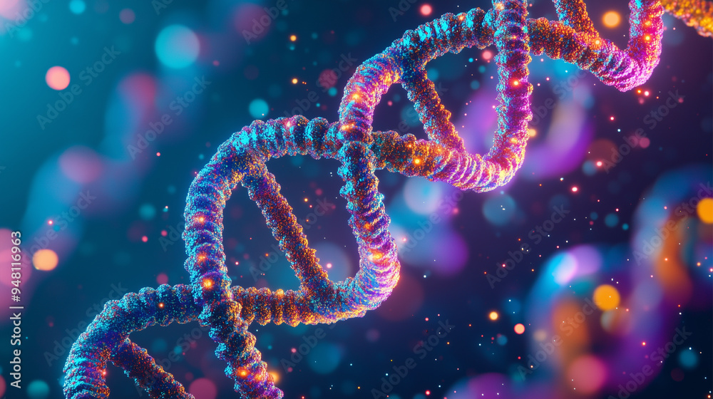 A DNA strand is shown in a blue and purple color. The strand is twisted and has a spiral shape A DNA strand is shown in a blue and purple color. The strand is twisted and has a spiral shape