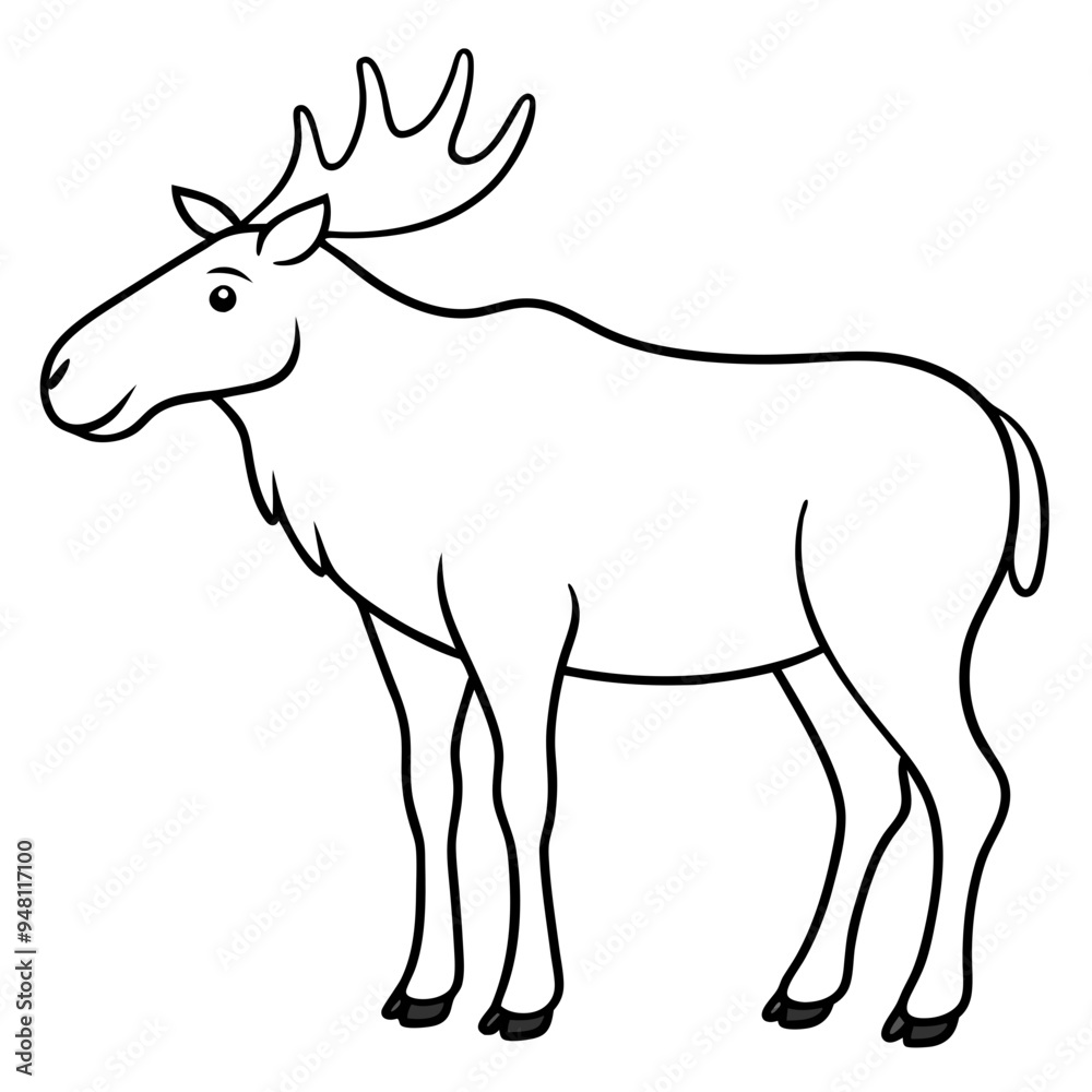 Vector Design Childish Contour Drawing of a Rounded Moose in Profile - Full Body Illustration Vector Design Childish Contour Drawing of a Rounded Moose in Profile - Full Body Illustration