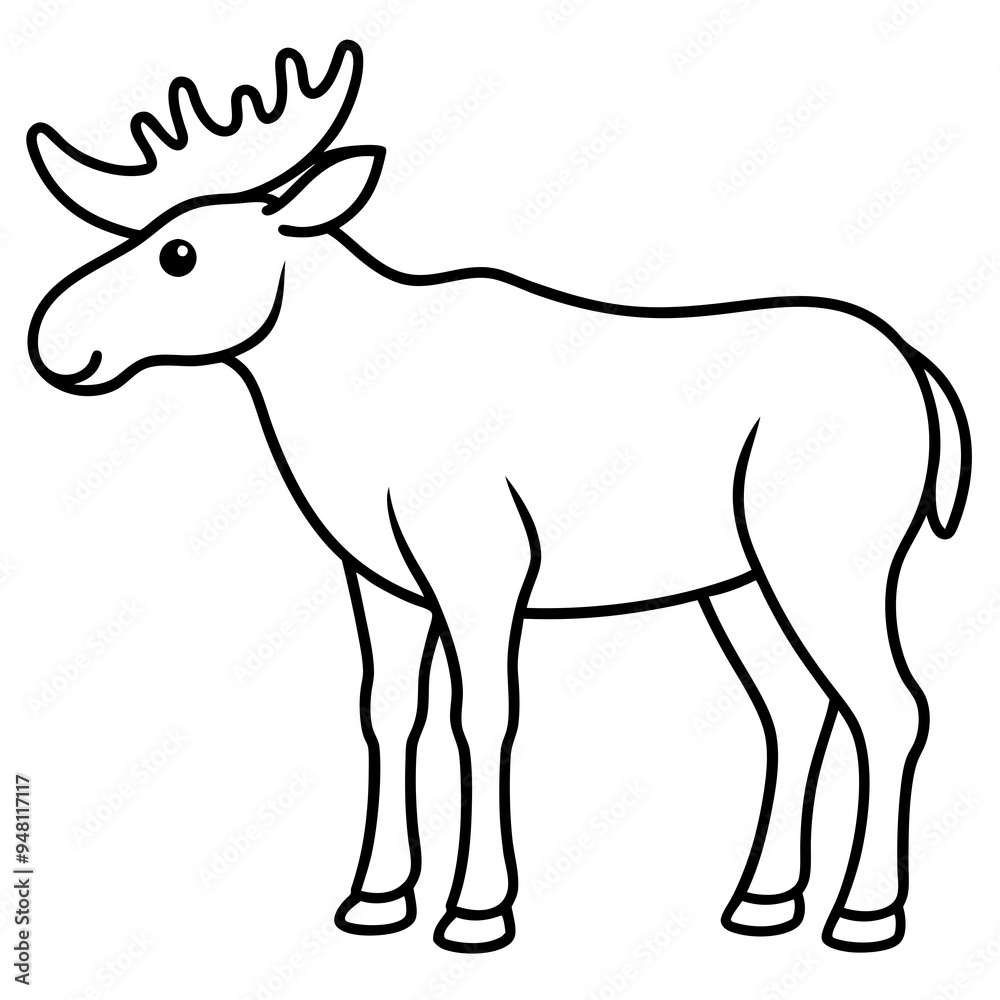 Vector Design Childish Contour Drawing of a Rounded Moose in Profile - Full Body Illustration Vector Design Childish Contour Drawing of a Rounded Moose in Profile - Full Body Illustration