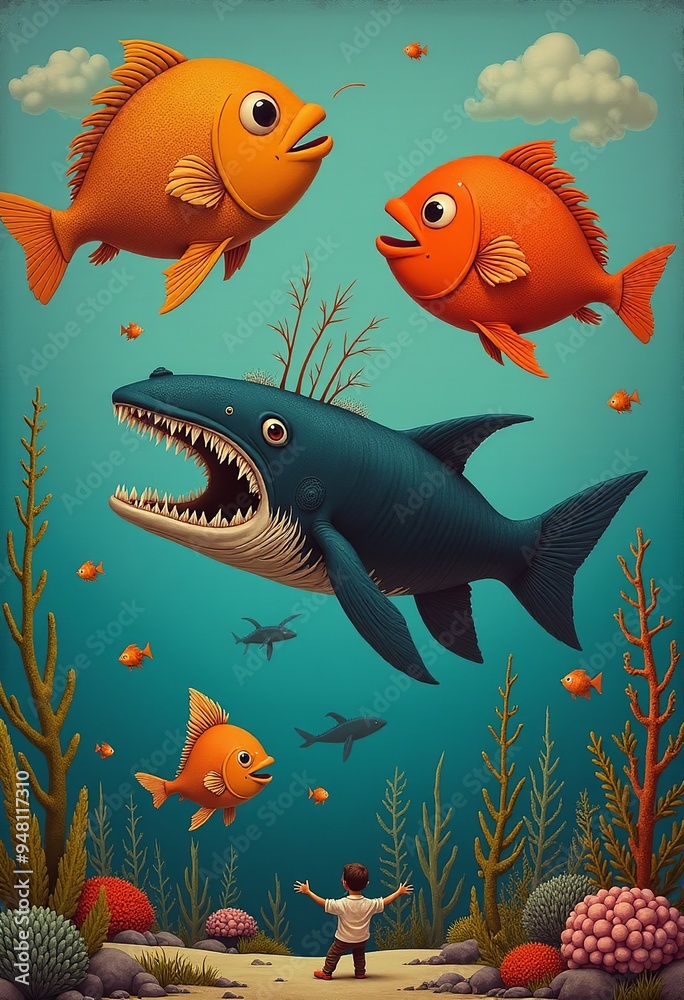 Naklejka premium Black Humor Fish Illustration | Surrealist Whale Art