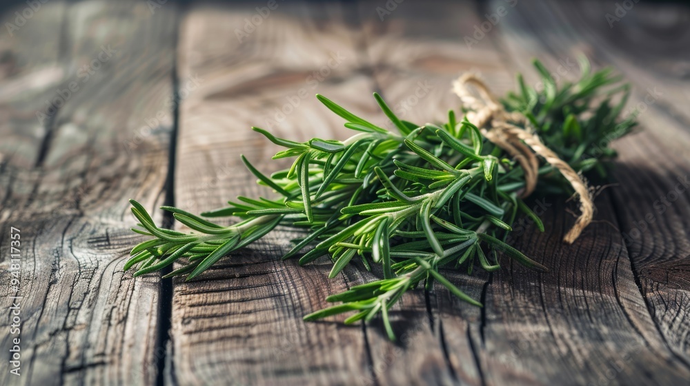 A bundle of rosemary tied with twine resting on a rustic wooden table with soft shadows and natural light A bundle of rosemary tied with twine resting on a rustic wooden table with soft shadows and natural light