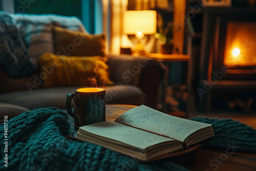 A cozy living room with a person journaling in a notebook, surrounded by warm lighting, symbolizing the practice of writing as a tool for mental health reflection and processing.