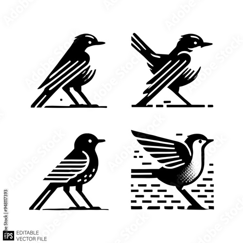 set of bird Isolated vector graphic illustration design in black and white silhouette for clip art templates